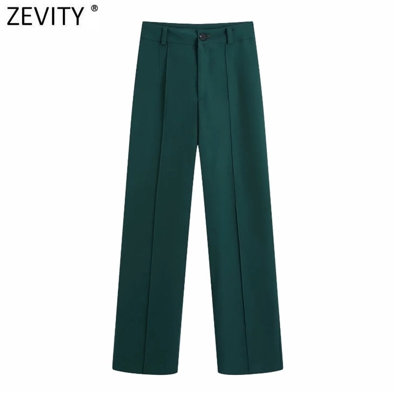 Zevity Women Chic Fashion Side Pockets Straight Pants Office Wear Vintage High Waist Zipper Fly Female Trousers Mujer P1016 211115