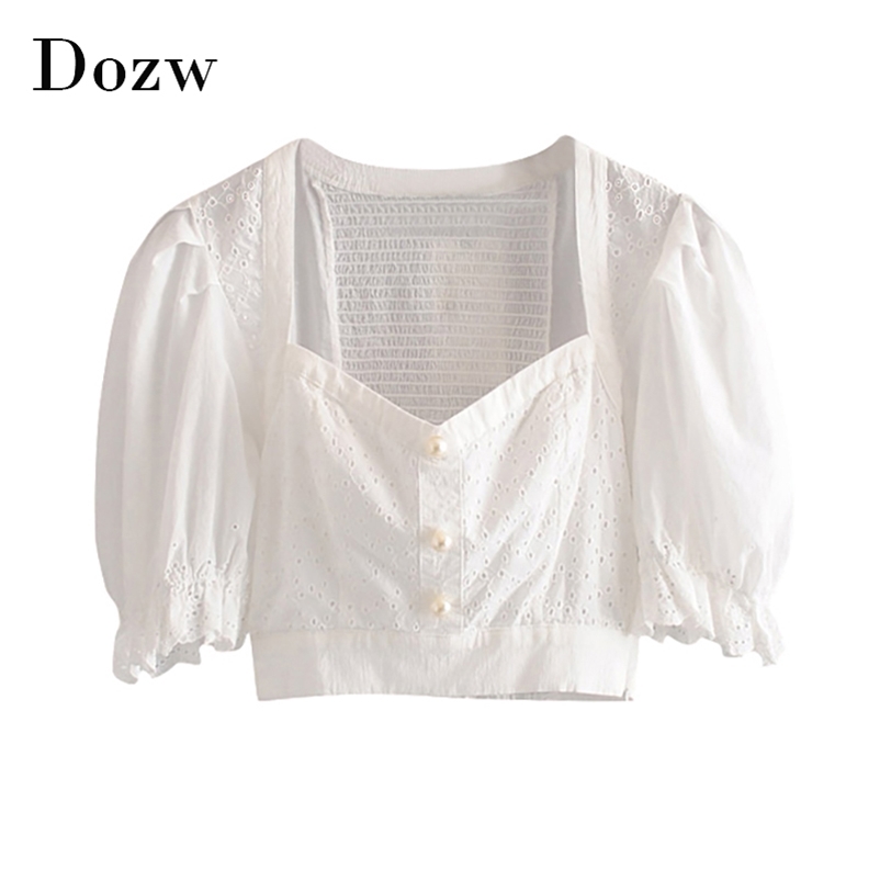 Women Chic Embroidery Patchwork White Blouse Summer Pearl Puff Short Sleeve Stylish Blouses Holiday Cotton Shirt Female 210515