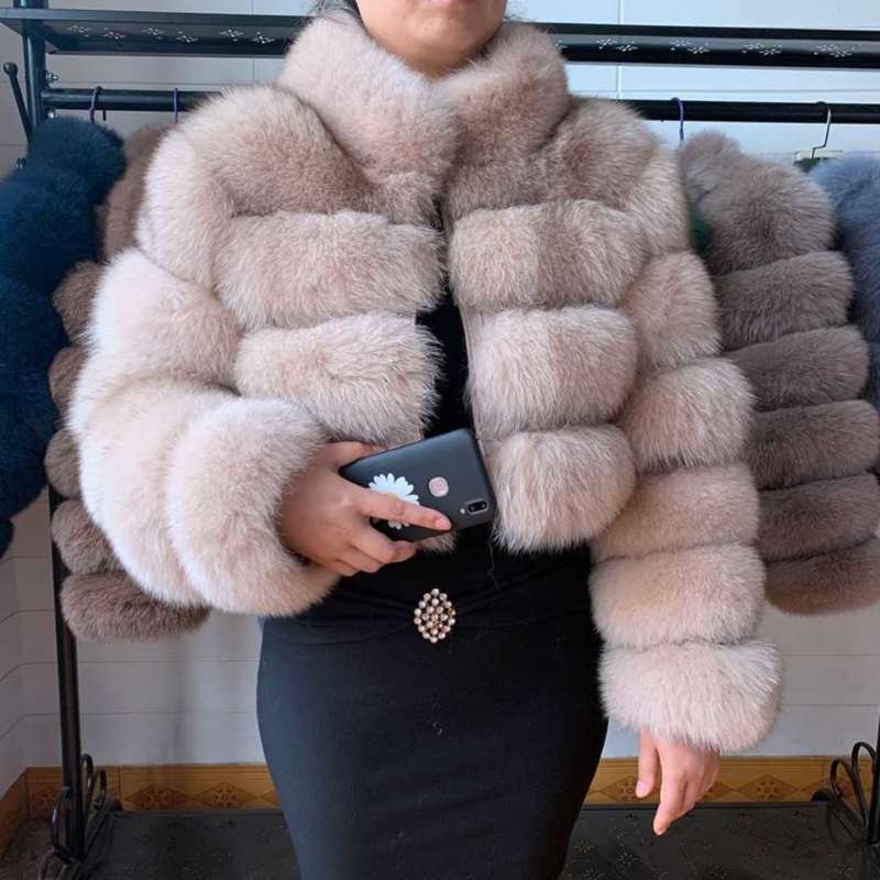 Natural Short Real Fox Fur Coat For Women With Stand Collar Thick Warm Winter Genuine Fox Fur Jacket High Quality Fur 210928