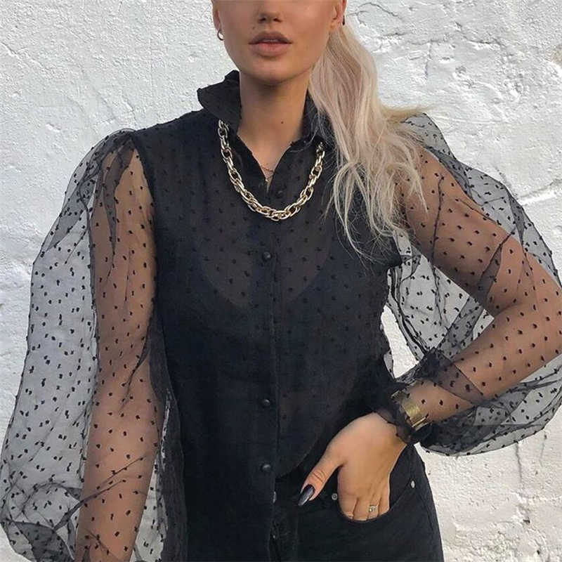 EXQJ Elegant Women Transparent Puff Sleeve Shirts Fashion Ladies Black Polka Dot Tops Sweet Female Chic Patchwork Blouses 210527