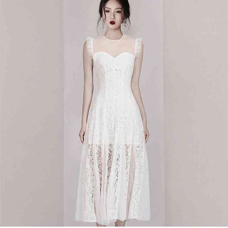 Elegant Party Dress Women Sleeveless High Waist Hollow Out Patchwork Lace Dresses Female Summer Fashion 210520