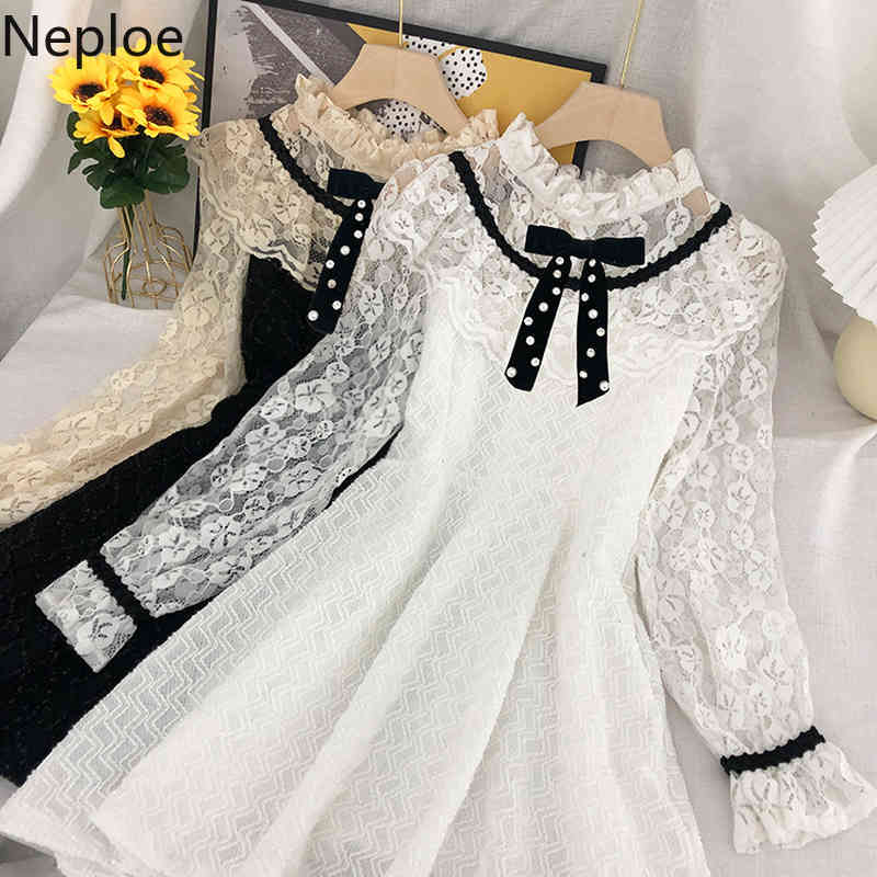 Neploe Dresses for Women Vintage Lace Crochet Floral Patchwork Vestidos Spring Clothes Sweet Elegant Mini Dress Female 4H313 210422