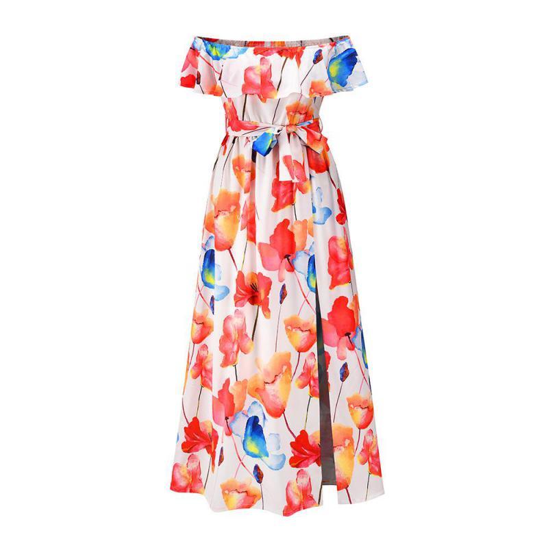 Women Dress Printed Bohemia Sexy Long Print Maxi es Slash Neck Off Shoulder Lace Up Loose Casual Beach es 210513