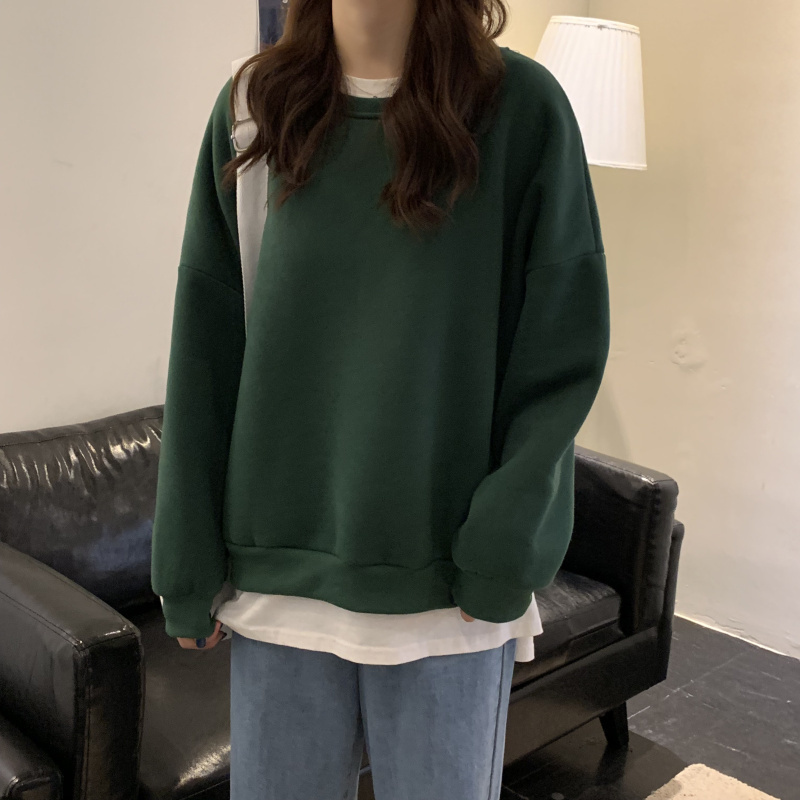 Solid O-neck Pullovers Hoodie Woman Korea Long-sleeved Loose Sweatshirts Women Casual Plus Cashmere Women's Winter Tops 210515