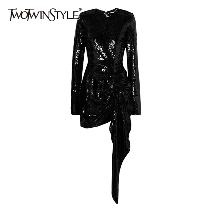 Black Patchwork Sequin Dress For Women O Neck Long Sleeve High Waist Irregular Hem Mini Dresses Female Fashion 210520