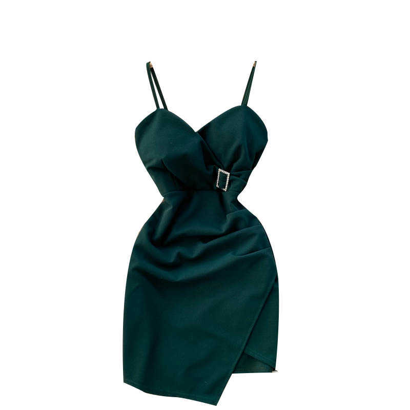 Korean Fashion Women V-neck Slim Irregular Evening Dress Lady Sleeveless Solid Color Min Vestido De Mujer R240 210527