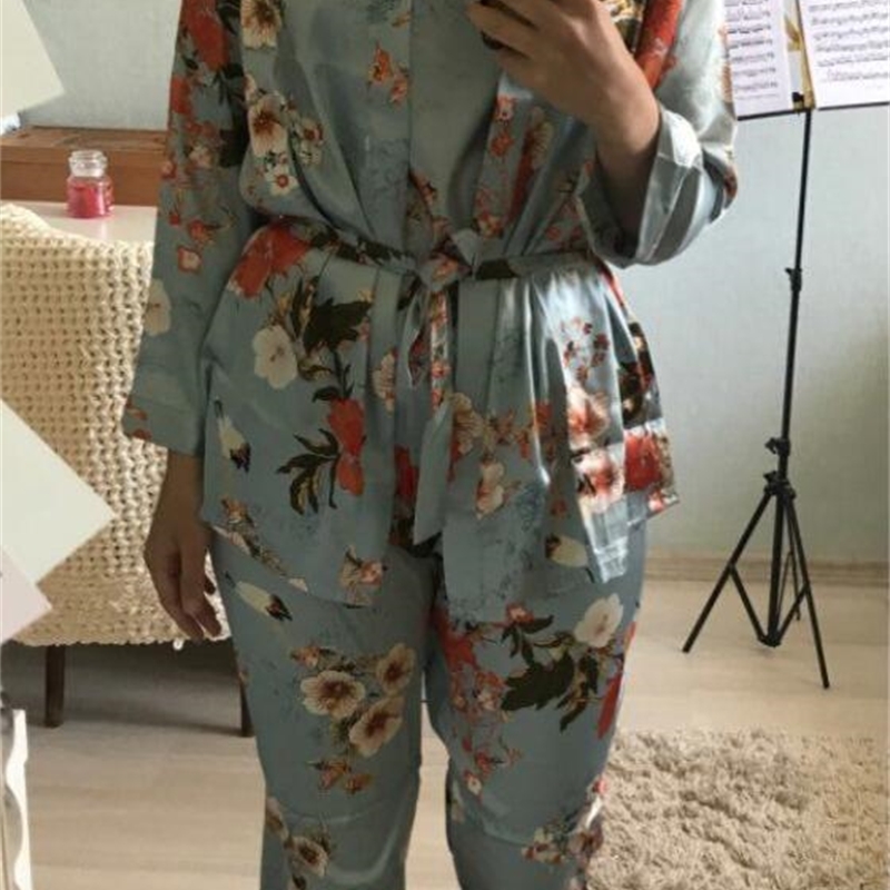 Floral Print Satin Short Shirt Camis Pajama Suits Elastic Waist Wide Leg Pants Women Loose Long Sleeve Blouse Tops 3 Pieces Set 210429