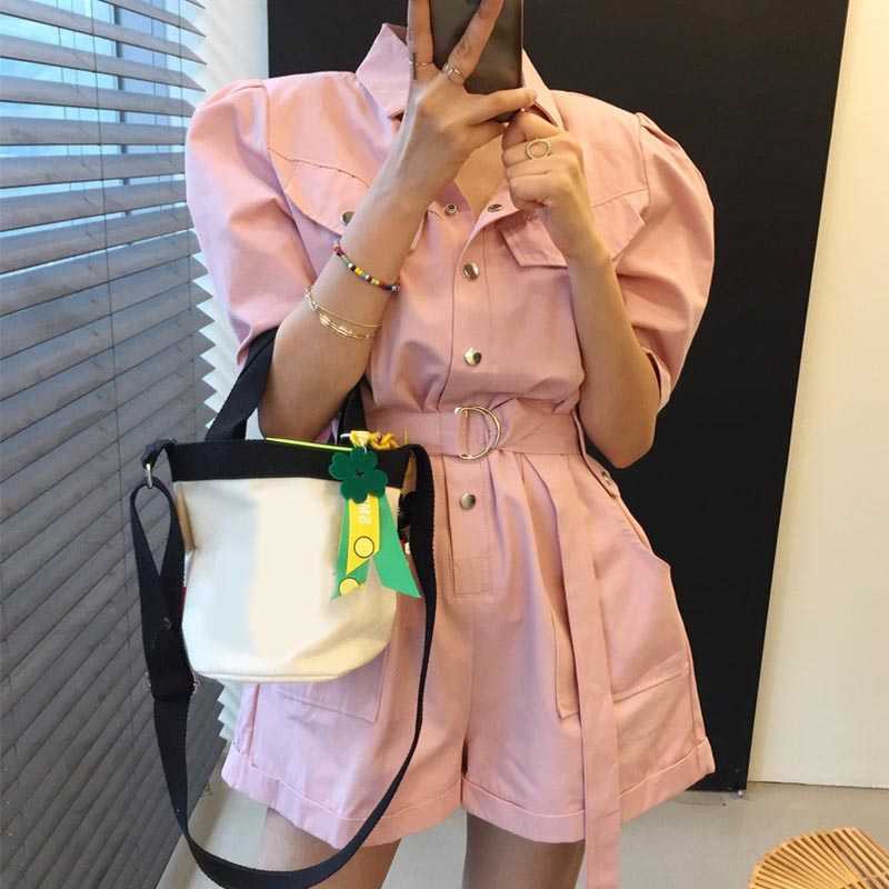 Korejpaa Women Jumpsuit Korea Chic Wild Lapel Metal Single-breasted Loose Ring Belt Multi-pocket Tooling Short Rompers 210526