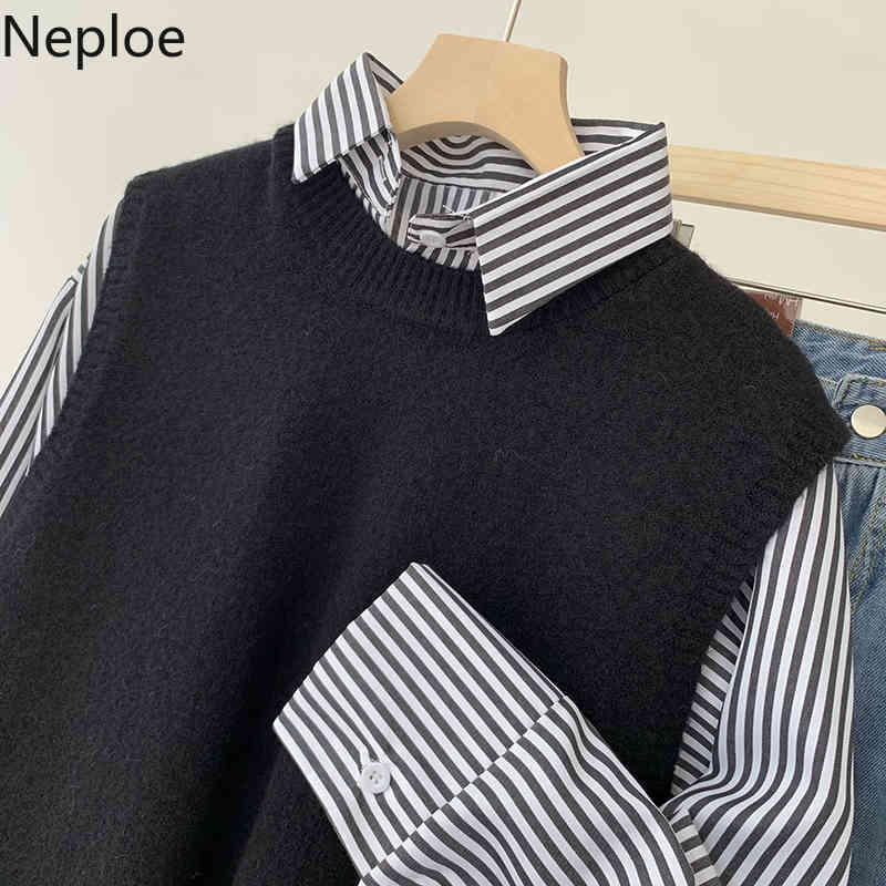 Neploe Women Sets O-Neck Knitwear Split Vest Striped Long Sleeve Blouse Tops Spring Fashion Korean Suit Two Piece Outfits 4H429 210422