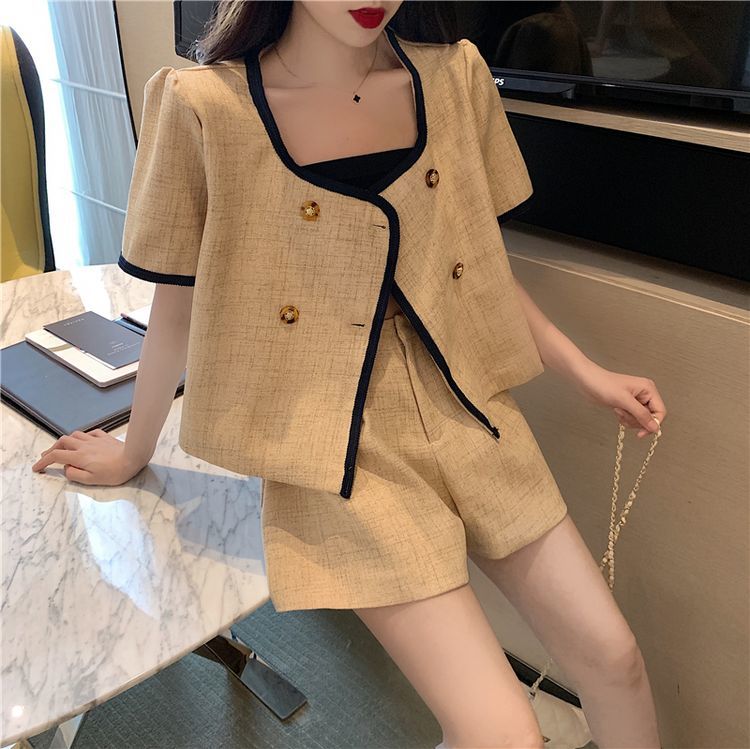 Summer Plus Size Office Lady Sets Square Neck Short Sleeve Jacket Double Breasted Wide Leg Shorts Casual Vintage Matching 210429