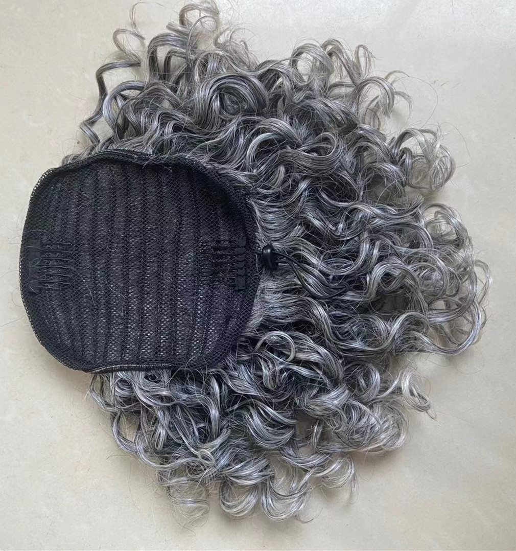 Black white highlights gray ponytail deep curly women hair extension brazilian remy salt&pepper hair clips grey pony tail hairpiece with drawstring 1p