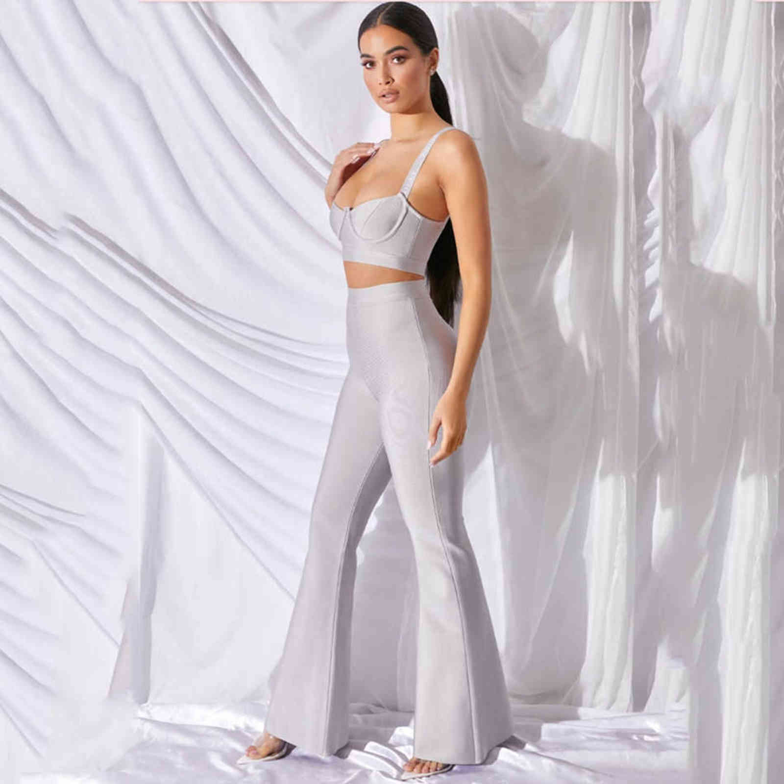 Women's Bandage Set 2 Pieces Strap Sleeveless Bustiers And Long Bell-Bottoms Trousers Sexy Celebrity Party Sheath Vestidos 211105