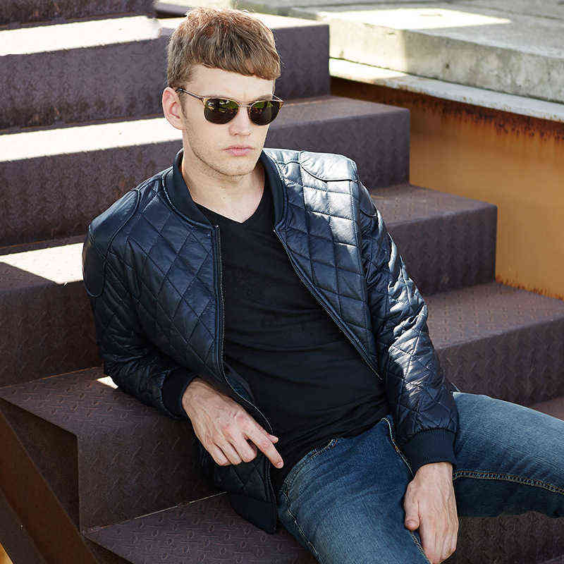 leather jacket men biker autumn and winter casual fashion quilted embroidered plaid baseball collar washed pu leather jacket 211119