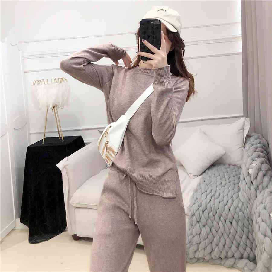 Two Piece Knitting Suit Casual Fashion Temperament Women's O Neck Long Sleeve Home Winter Indoor Warm 210506