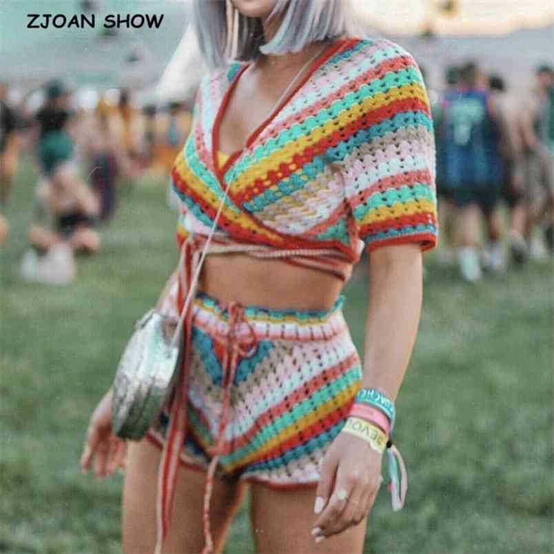 BOHO Lacing up Colored Striped Hand crochet Cardigan Sweater Women Bandage Mini Short Shorts Half Sleeve Tops 2 Pieces Set 210429