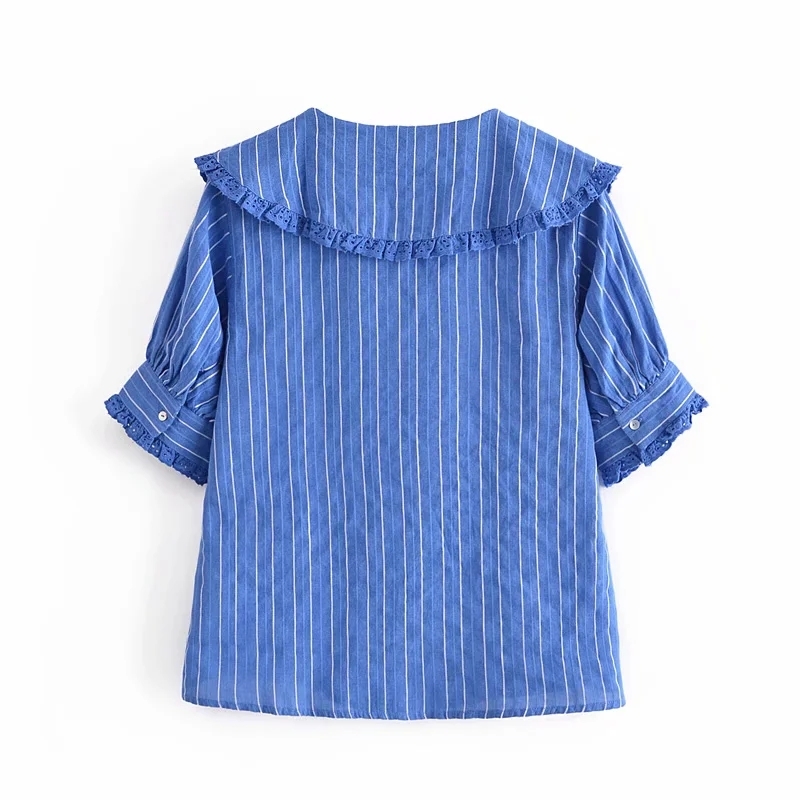 Women Chic Summer Stripe Blue Shirt Vintage Single Breasted Fashion Peter Pan Collar Puff Sleeve Blouse Female Tops 210521