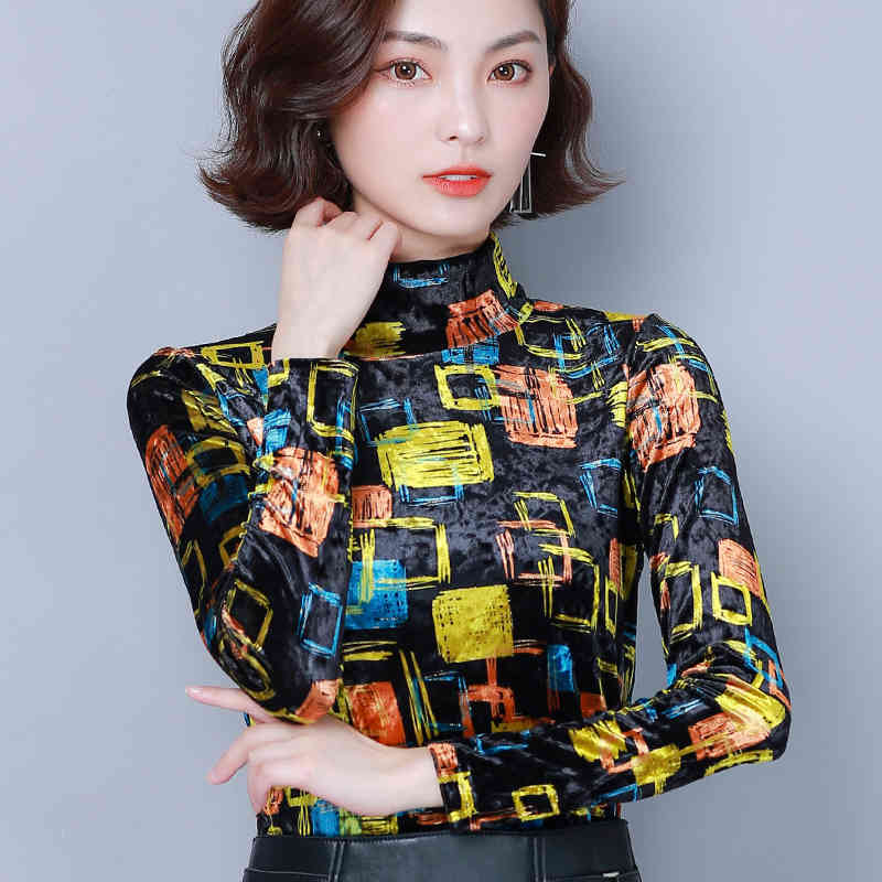 Korean Print Pullover Slim Women Shirts Autumn Fashion Long Sleeve Turtleneck Blouses Office Ladies Tops 6513 50 210506
