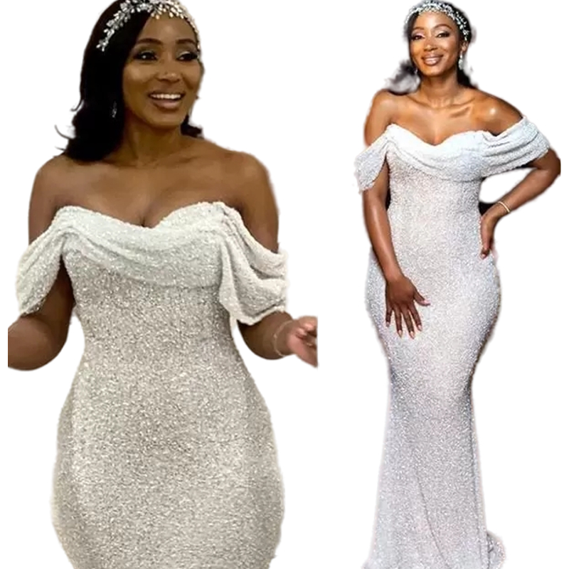 Sparkly White Sequined Mermaid Evening Dresses For Women Off the Shoulder Long Pom Dress African Black Girls Special Occasion Dress Formal Party Wear 