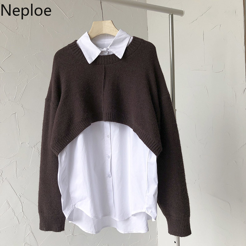 Neploe Korean Fashion Suit Two Piece Outfits for Women Knitted Cropped Sweater Loose White Shirt Tops Casual 2 Piece Set 210422