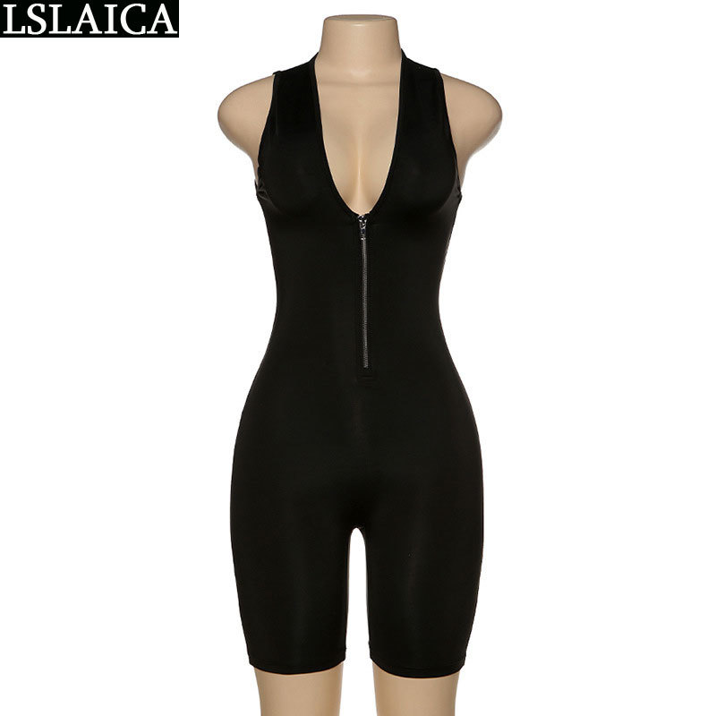 Fashion bodycon jumpsuit solid color V-neck sexy elegant rompers womens summer zip sleeveless sport women 210515