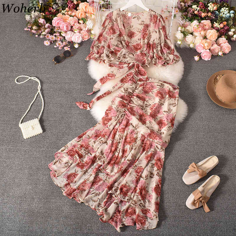 Women Clothing V-Neck Short Sleeve Crop Tops Irregular Ruffles Skirt Korean Fashion Floral Suit Two-piece Summer 210519