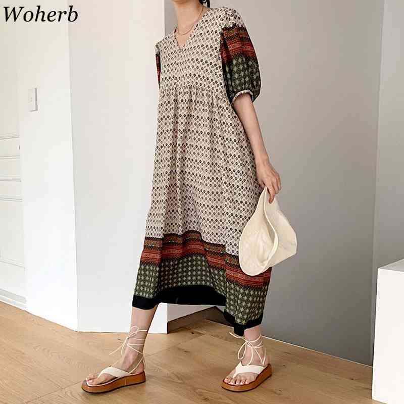 Korean Boho Printed Women Long Dress Summer Short Sleeve V-neck A-line Dresses Vintage Elegant Ladies Vestido Robe 210519