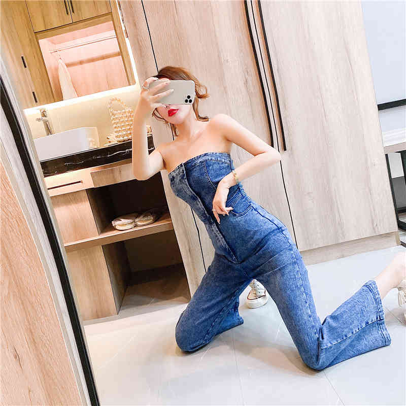 Summer Women Sexy Strapless Denim Jumpsuits Chic Retro Backless Sleeveless Streetwear High Waist Slim Rompers 210519