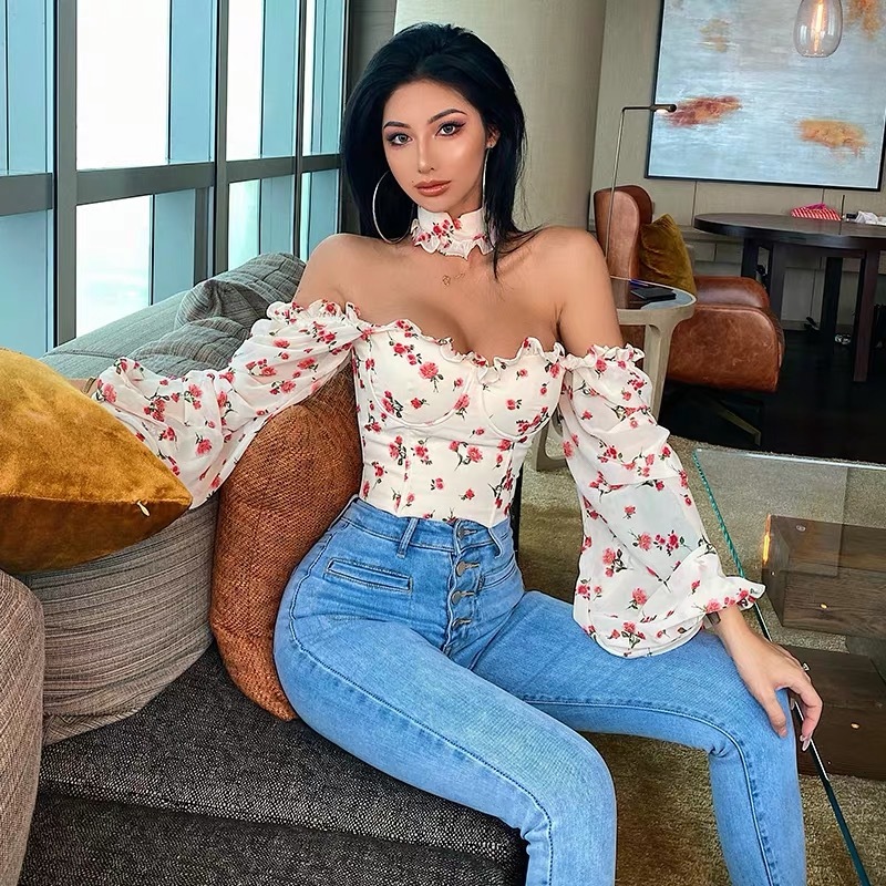 flower print sexy club floral short women tops blouse bodycon slim shirts choker ruffles lace up top blusas mujer de moda 210421