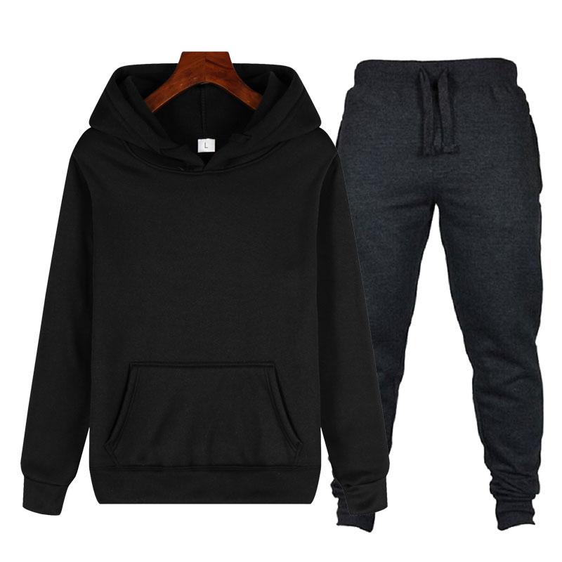 Spring And Autumn Men's Casual Sports Suit Lace Hoodie Pocket + Tie Rope Fashion Pants Two-piece Solid Color Streetwear Tracksuits