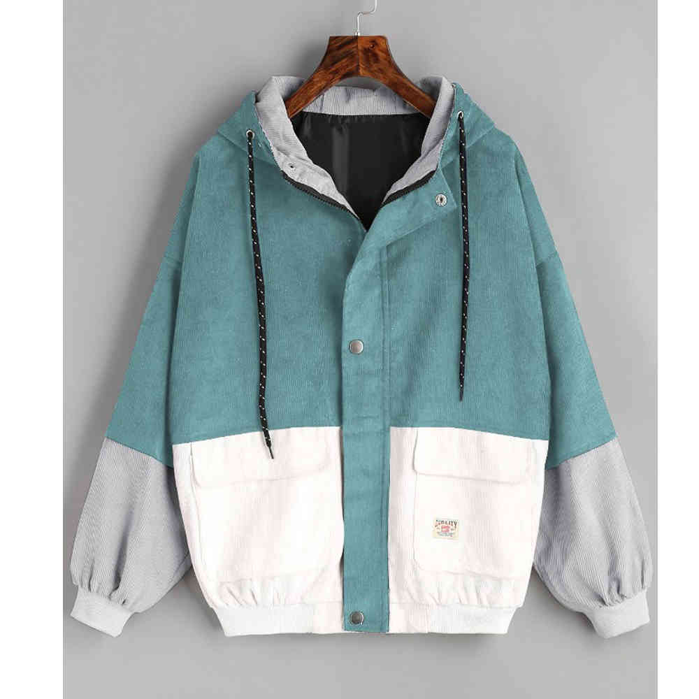 Color Block Long Sleeve Corduroy Women Jacket Patchwork Drawstring Hit Autumn Plus Size Coat 210428