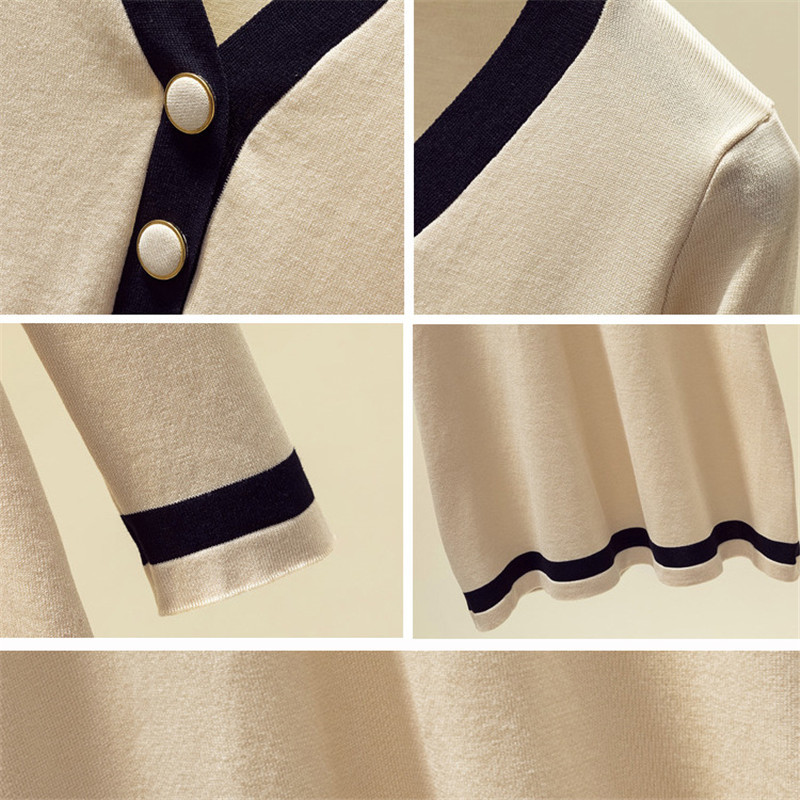 Women Knitted Long Sleeve Leisure Cashmere Sweater Dress Elegant Striped V Neck Causal Slim Office Autumn A-line es 210515