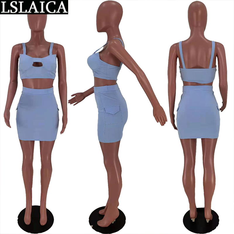 Sale Skirt Set for Women Solid Hollow Out Sexy Fashion Two Piece Evening Party Clubwear Summer Suit With 210515