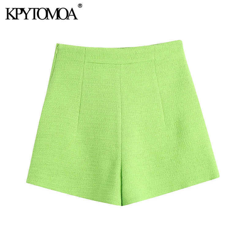 KPYTOMOA Women Chic Fashion With Pockets Tweed Bermudas Shorts Vintage High Waist Back Zipper Female Short Pants Mujer 210625