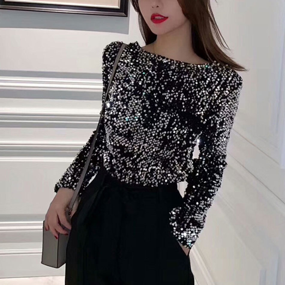 Free Fashion Shiny Sequined Blouse Women's Autumn V-neck Long Sleeve Halter Sexy Shirt Club Runway Top 210524