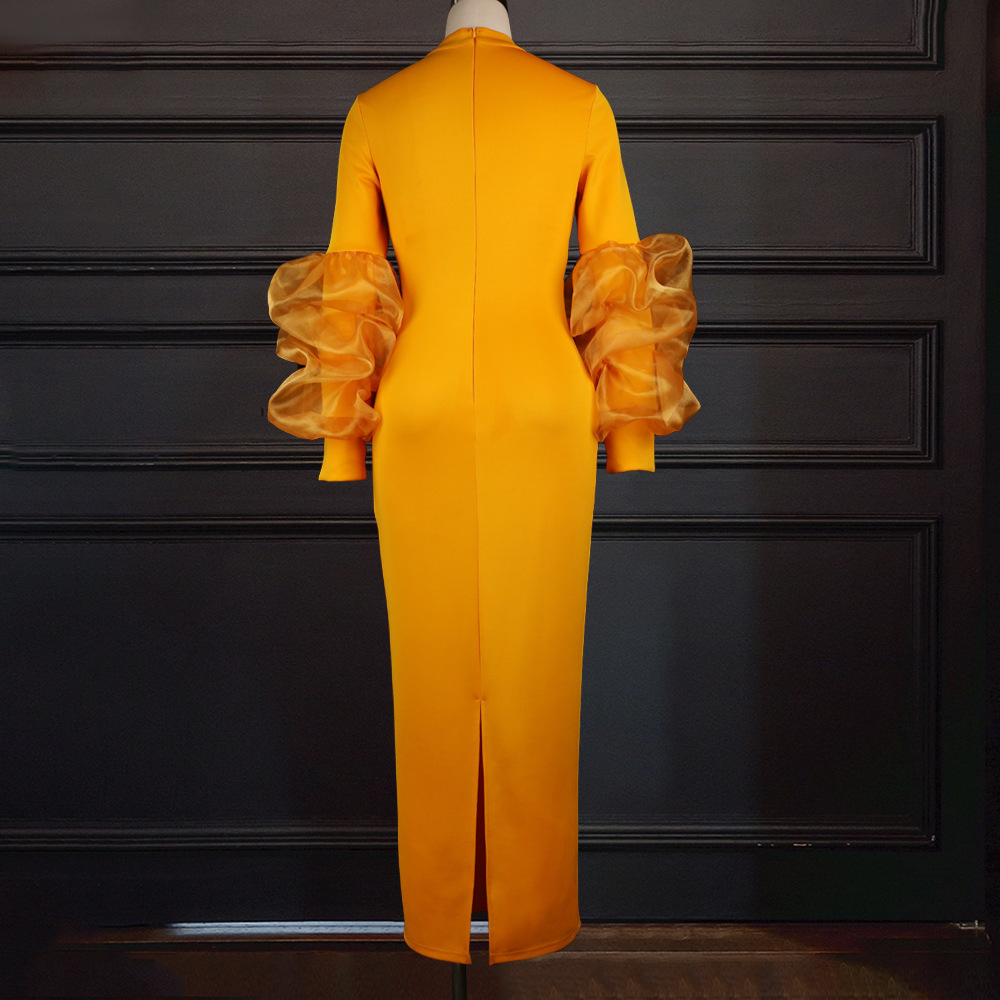 Women Dress Lantern Sleeves High Waist Vintage Large Size Slim Party es Plus Ladies Maxi es 210513