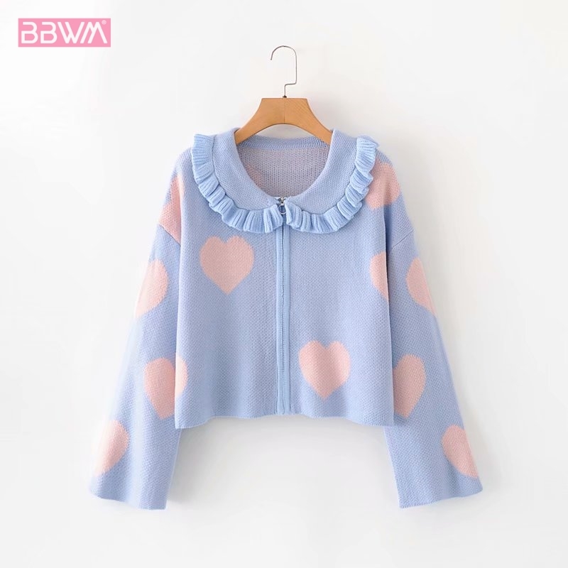 Lapel Love Zipper Knit Sweet Female Cardigan Harajuku Korean Navel Fashion Chic Women's Sweater Tops 210507
