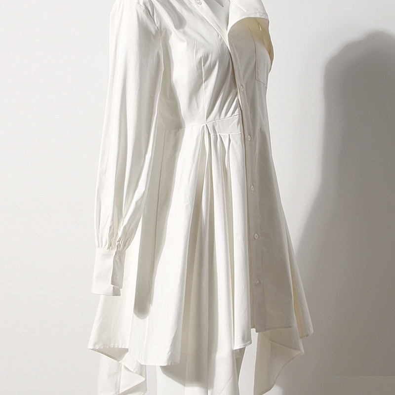 [EAM] Women Single Breasted Pockets White Dress Asymmetrical Long Sleeve Loose Fit Fashion Spring Autumn 1DD6953 210512