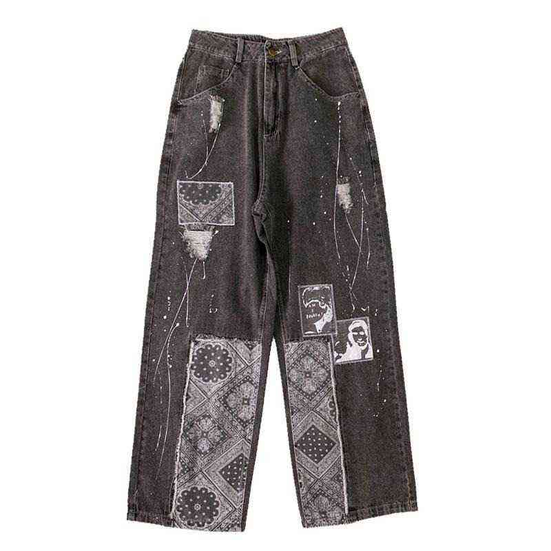 Street hip hop womens plus size jeans handsome retro high waist wide leg pants BF loose wild straight jean 211129