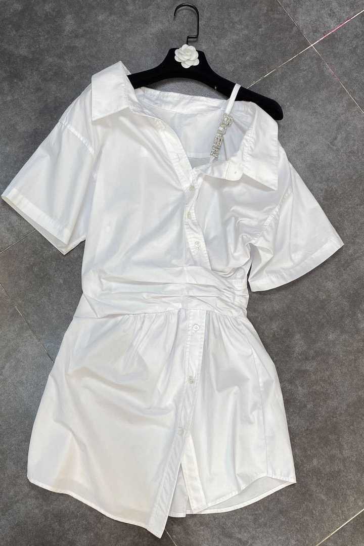 DEAT Spring Summer Fashion Casua Lapel Off Shoulder Short Sleeve Loose Diamond Letter Shirt Dress Women SJ974 210709