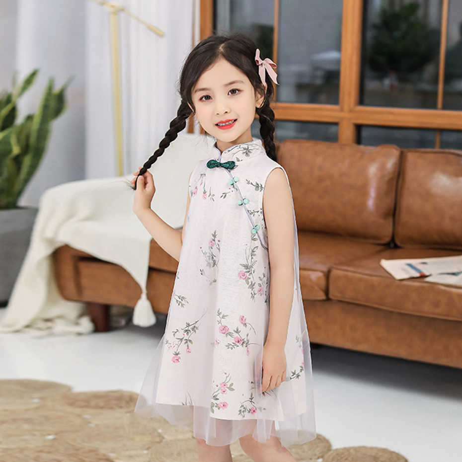 Dress For Girls Floral Party Kids Girl Mesh Kid Cheongsam Chinese Style Costume 6 8 10 12 14 210528