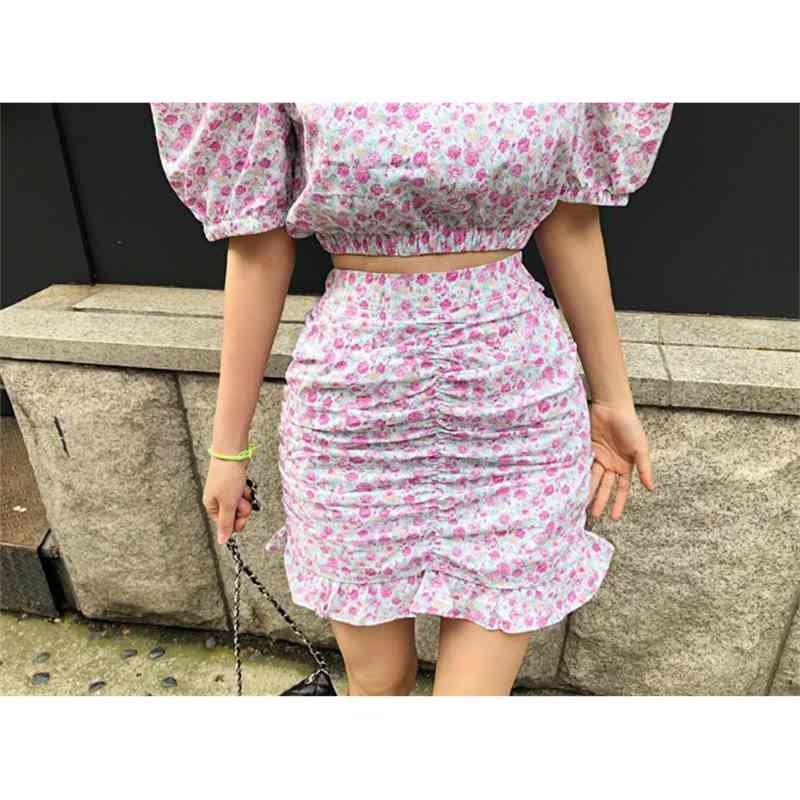Summer Fashion Sweet Pink Floral print Puff Sleeve Crop Top+High Waist Pack Hip Fishtail Skirt Women's Two Piece Set 210519