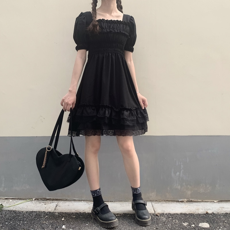 Japanese Lolita Style Princess Black Mini Dress Square Collar High Waist Gothic Dress Puff Sleeve Lace Ruffles Party Dress 13242 210519