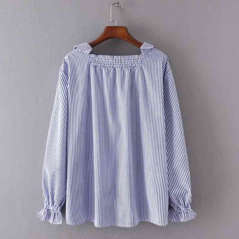 Fashion Women Flower Embroidery patch Striped Shirts Long sleeve Blouses Casual Loose Tops chemise femme blusas S1711 210430