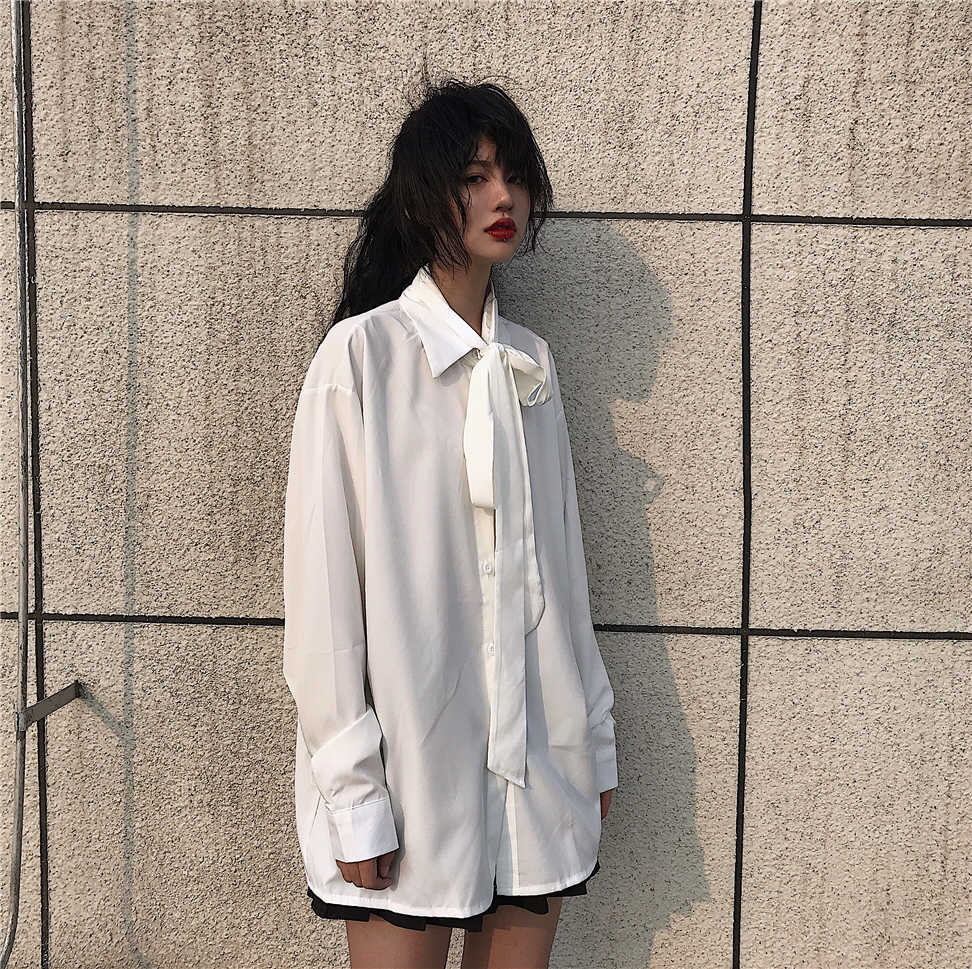 Autumn Retro Bow Tie Solid Full Shirt Loose Casual Women Blouses 210615Z