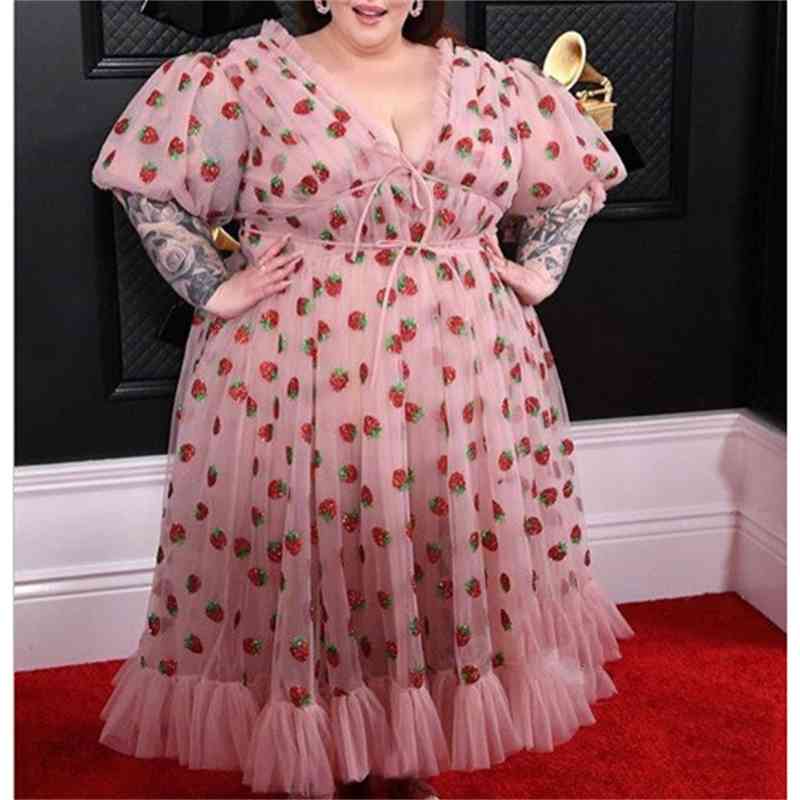 Spring S-5XL Sexy V-Neck Strawberry Pink Mesh Lace Pleated Belt Girly Style Cute Plus Size High Waist Long Dress 210325