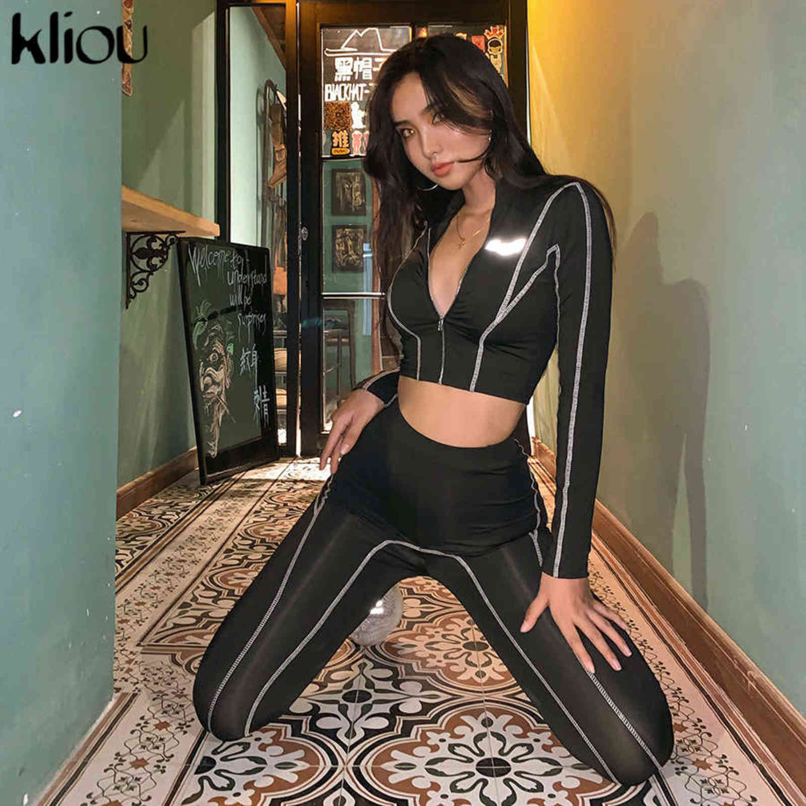 kliou women 2 pieces set fitness tracksuit long sleeve zipper crop top+leggings fashion reflective letters sportswear outfits 211105