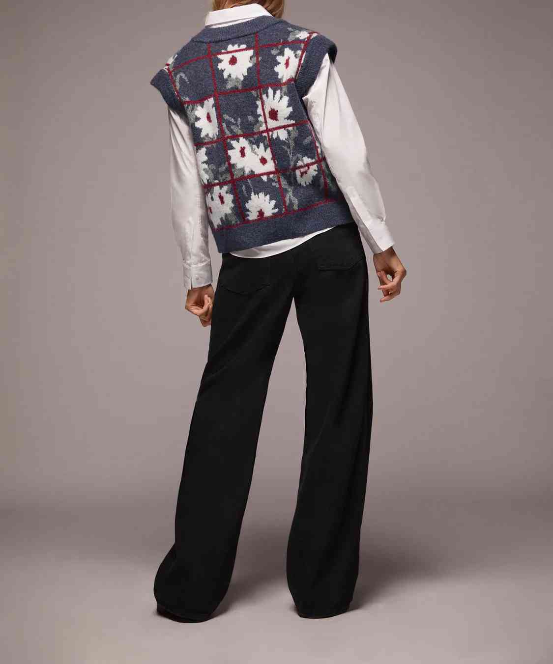 Vintage V-Neck Print Oversize Knitted Sweater Fashion Slim Sleeveless Office Lady Pullover Casual Loose Chic Top 210521