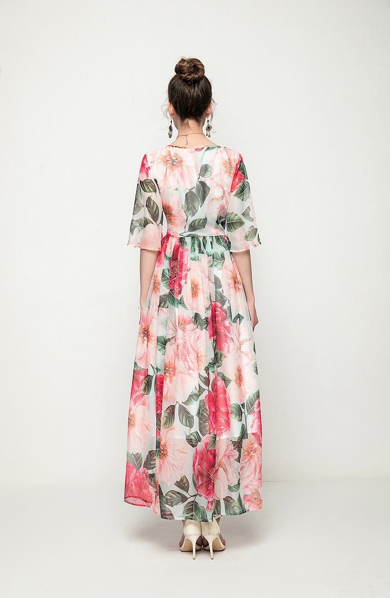 Women's Runway Dress O Neck Short Sleeves Lace Up Floral Printed Elegant Long Dresses Vestidos