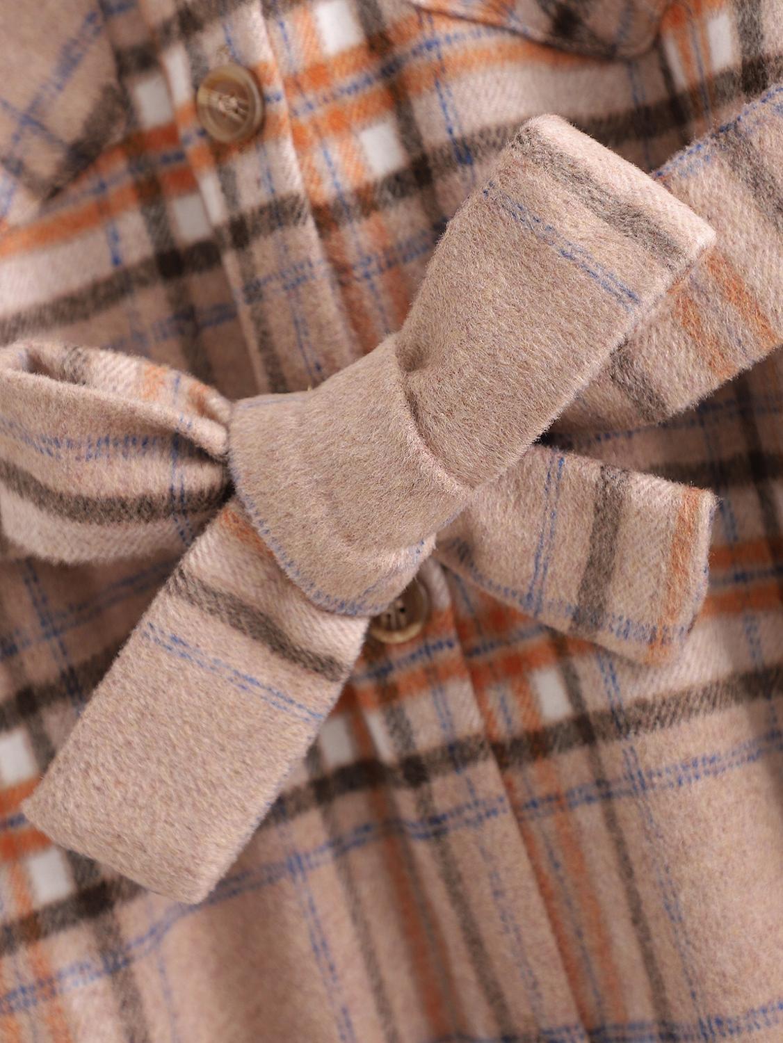 Winter Tie Bow Gingham Check Plaid Coat Oversize Style Women Front Pockets Loose Long Trench Lapel Woolen Jacket 210429