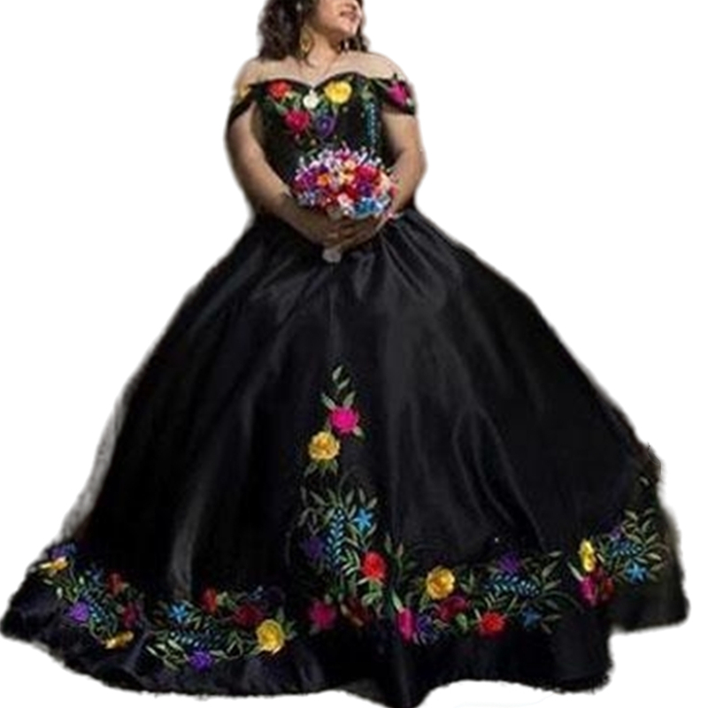 Vintage Black Ball Gown Quinceanera Dresses Mexican Theme Floral Embroidered Off The Shoulder Beaded Satin Sweet 16 Dress Long Masquerade Prom Party G